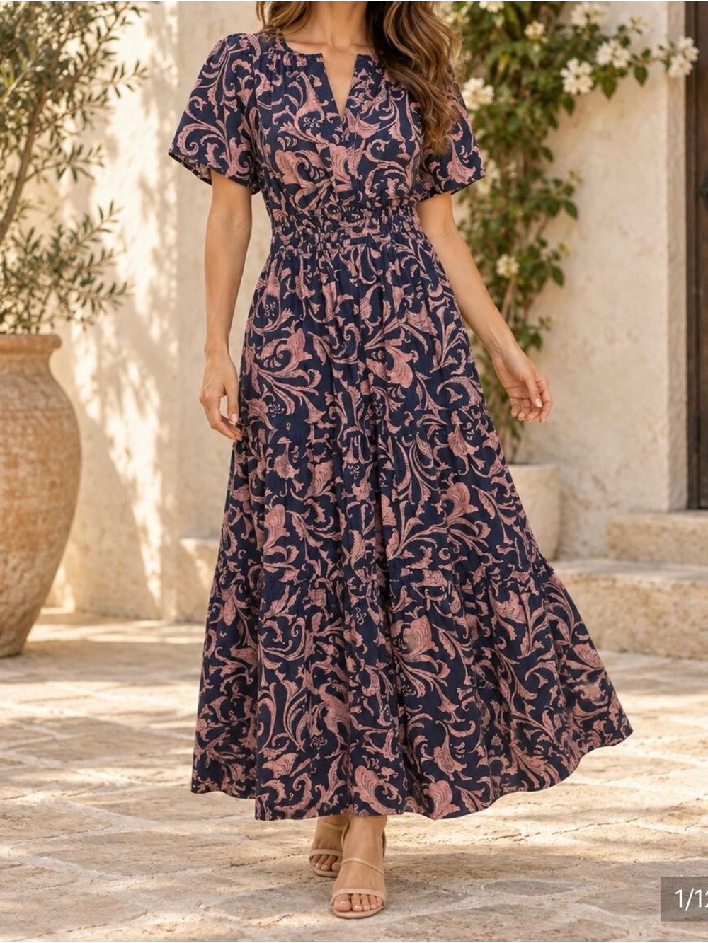 Anthropologie Navy Maxi Dress with Pink Paisley